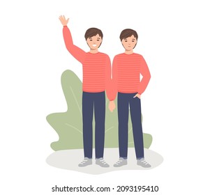 Two cheerful positive boys - twins. Doubles, twin children - their similarity and difference in characters, the influence of lifestyle on character, friendship, mutual help, find a double.