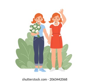 Two cheerful positive twin girls. Doubles, twin children - their similarity and difference in characters, brothers and sisters, friendship, mutual help, find a double. Flat vector illustration.