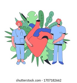 Dos alegres enfermeras profesionales, hombre y mujer, se paran cerca de un gran corazón saludable, lo señalan y se regocijan. Fondo - Hojas y plantas tropicales verdes. Estilo mínimo de caricatura