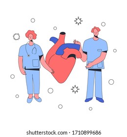 Two cheerful professional nurses, man and woman, stand near a large healthy heart, point to it and rejoice. Dark blue background with lettering - take care of yourself. Minimal flat style