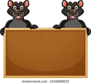 Two cheerful rats presenting a blank wooden sign