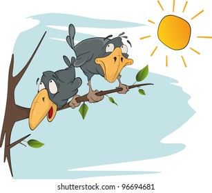 Two cheerful ravens. Cartoon