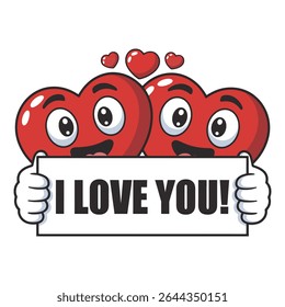 Two cheerful red cartoon hearts hold a white sign saying I Love You against a white background Small red hearts float above them