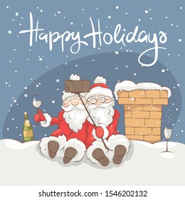 Two cheerful Santa Claus / Christmas Vector illustration, postcard. Funny grandfathers do selfie on the roof