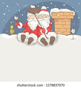 Two cheerful Santa Claus / Christmas Vector illustration with empty space. Funny grandfathers do selfie on the roof