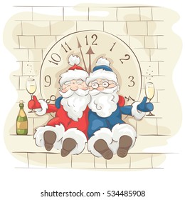 Two cheerful Santa Claus / Christmas Vector illustration, postcard. Grandfathers fun celebrate the new year on the tower  with a clock