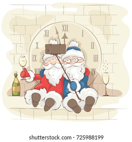 Two cheerful Santa Claus / Christmas Vector illustration, postcard. Funny grandfathers do selfie on the clock tower.