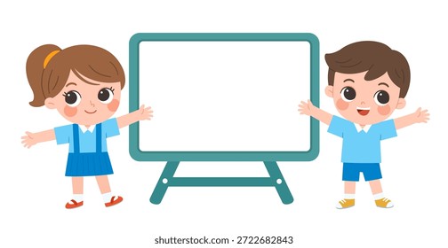 Dos alegres escolares de pie junto a un tablero de aula en blanco, presentando un espacio para aprender contenido con expresiones felices y acogedoras. Perfecto para educación, conceptos de aprendizaje, presentaciones, temas de regreso a la escuela y elementos visuales del aula.