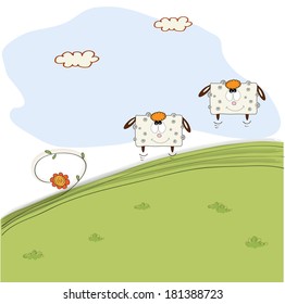 two cheerful sheep jumping on grass, vector illustration
