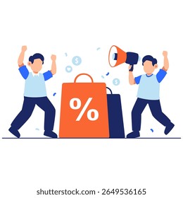 Dois compradores alegres comemoram uma grande venda, segurando sacolas de compras e anunciando descontos com um megafone.
