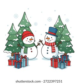 Dos alegres muñecos de nieve, uno con un sombrero y una bufanda, el otro con un sombrero de copa y una bufanda, se encuentran entre árboles de Navidad decorados rodeados de cajas de regalo.
