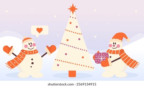 Two cheerful snowmen share a gift in a winter setting. christmas tree. Vector illustration.