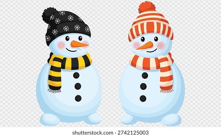 Two cheerful snowmen are standing side by side, wearing hats and scarves, against a transparent background with a subtle checkered pattern, symbolizing friendship and winter joy.