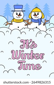 Two cheerful snowmen wearing scarves and hats, surrounded by fluffy snow with the text "It's Winter Time" in playful typography cartoon illustration vector for holiday promotions, poster winter