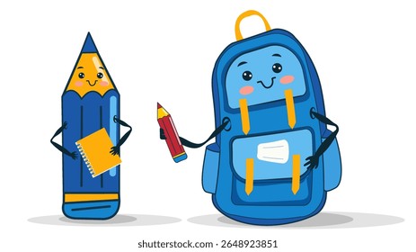 Dois personagens alegres de papelaria estão prontos para a escola. Um lápis segura um giz de cera vermelho e uma mochila sorridente contém um caderno. Elas incorporam o entusiasmo do aprendizado e da criatividade.