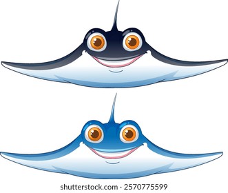 Two cheerful stingrays with big eyes and smiles