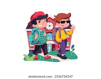 Two cheerful students walk confidently, one wearing sunglasses and the other winking.