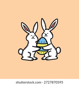 Dois coelhos brancos alegres seguram um ovo de Páscoa pastel juntos, transmitindo amizade e alegria. Esta ilustração brincalhona evoca celebrações da primavera e momentos familiares, adequados para campanhas sazonais, cartões de felicitações e designs infantis.