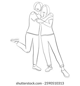 Two cheerful women pose with their arms around each other one line drawing on white isolated background