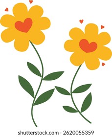 Two cheerful yellow flowers Vector with hearts, perfect for spring or love-themed designs.