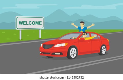 Two Cheerful Young Guys In A Red Car On The Highway. Happy Driver Driving A Car. Flat Vector Illustration. 