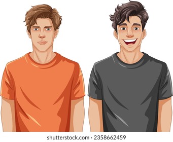 Two cheerful young men smiling brightly, isolated on a white background