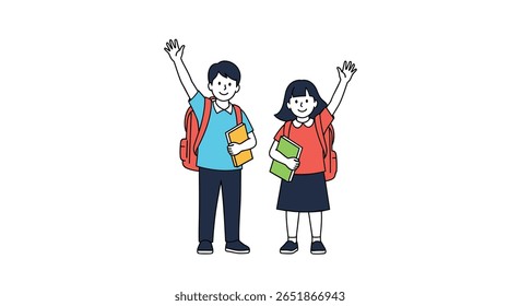 Dois Jovens Alunos Alegres Com Mochilas E Livros Excitamente Acenando Olá Juntos