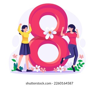 Dos jovencitas alegres celebrando el día de la mujer frente al gran símbolo del número 8. Ilustración conceptual del Día de la Mujer