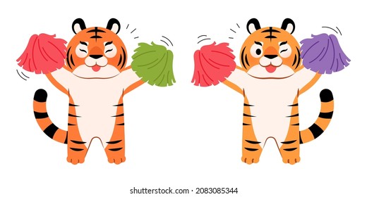 Two cheering tiger cheerleaders. Cute tiger character illustration.