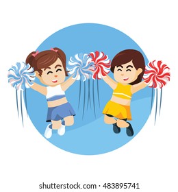 two cheerleader jumping together
