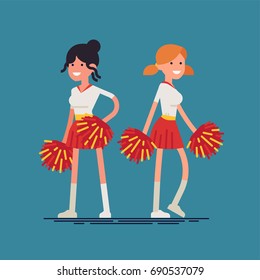 Two cheerleader team members standing. Vector flat character design on cheerleader adult girls wearing red skirts and holding pom poms