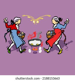 
two chefs fry the eggs over an open flame, break them, take them from the baskets and throw them away
