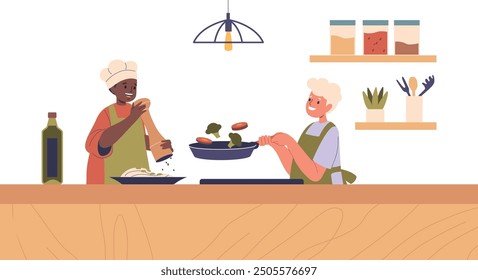 Two Chefs Kids Work Together In A Kitchen, One Seasoning A Dish And The Other Tossing Vegetables In A Pan
