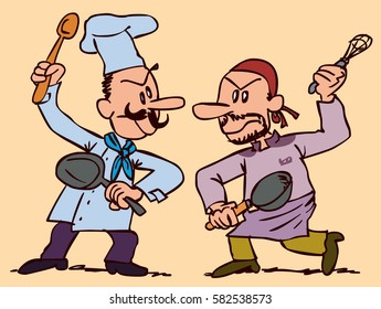 Two chefs, one classic and one modern, in dispute.