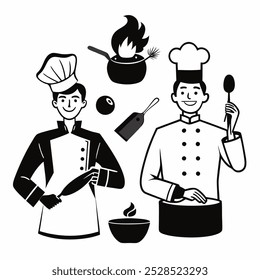 Two chefs, one with a spatula and the other with a ladle, stand ready to prepare a delicious meal.  The flame under the pot suggests they're cooking up something special.