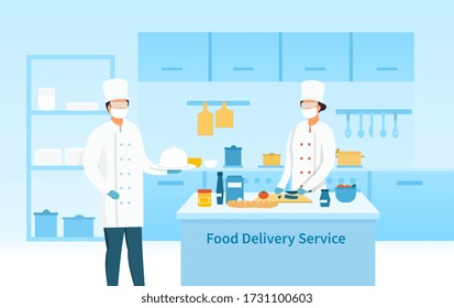 Two chefs preparing food for a Delivery Service in a restaurant kitchen during the coronavirus pandemic, colored vector illustration