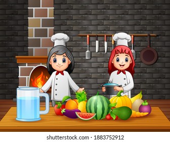 Two chefs preparing food at the dining table