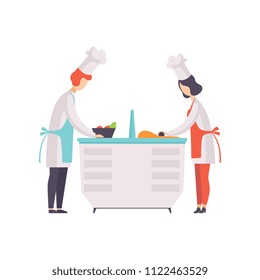 Two chefs in uniform cookong some food in the TV studio, cooking show vector Illustration on a white background
