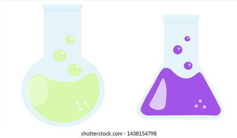 two chemical flasks with colored substances in vector
