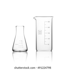 Two Chemical Laboratory Glassware Or Beaker. Glass Equipment Empty Clear Test Tube. EPS10 Vector