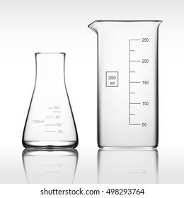 Two Chemical Laboratory Glassware Or Beaker. Glass Equipment Empty Clear Test Tube. EPS10 Vector