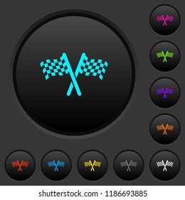 Two chequered flags dark push buttons with vivid color icons on dark grey background