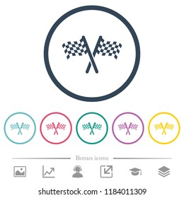 Two chequered flags flat color icons in round outlines. 6 bonus icons included.
