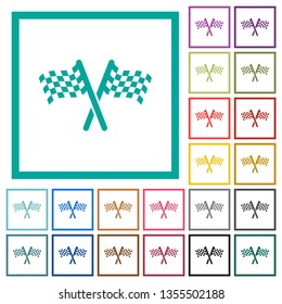 Two chequered flags flat color icons with quadrant frames on white background