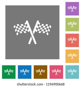 Two chequered flags flat icons on simple color square backgrounds