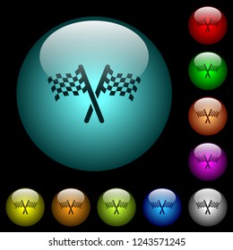 Two chequered flags icons in color illuminated spherical glass buttons on black background. Can be used to black or dark templates