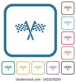 Two chequered flags simple icons in color rounded square frames on white background