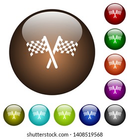Two chequered flags white icons on round color glass buttons
