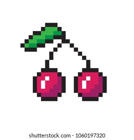 Two cherries berries, color vector illustration, round pixel berry, cute green leaf, lot of square geometric figures, reflections on pixel cherries