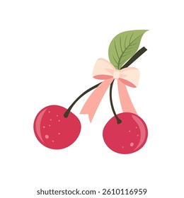 Two cherries with a bow coquette. A charming bow coquette with a pink ribbon and red cherries on a light background. A delightful Valentine's Day present.